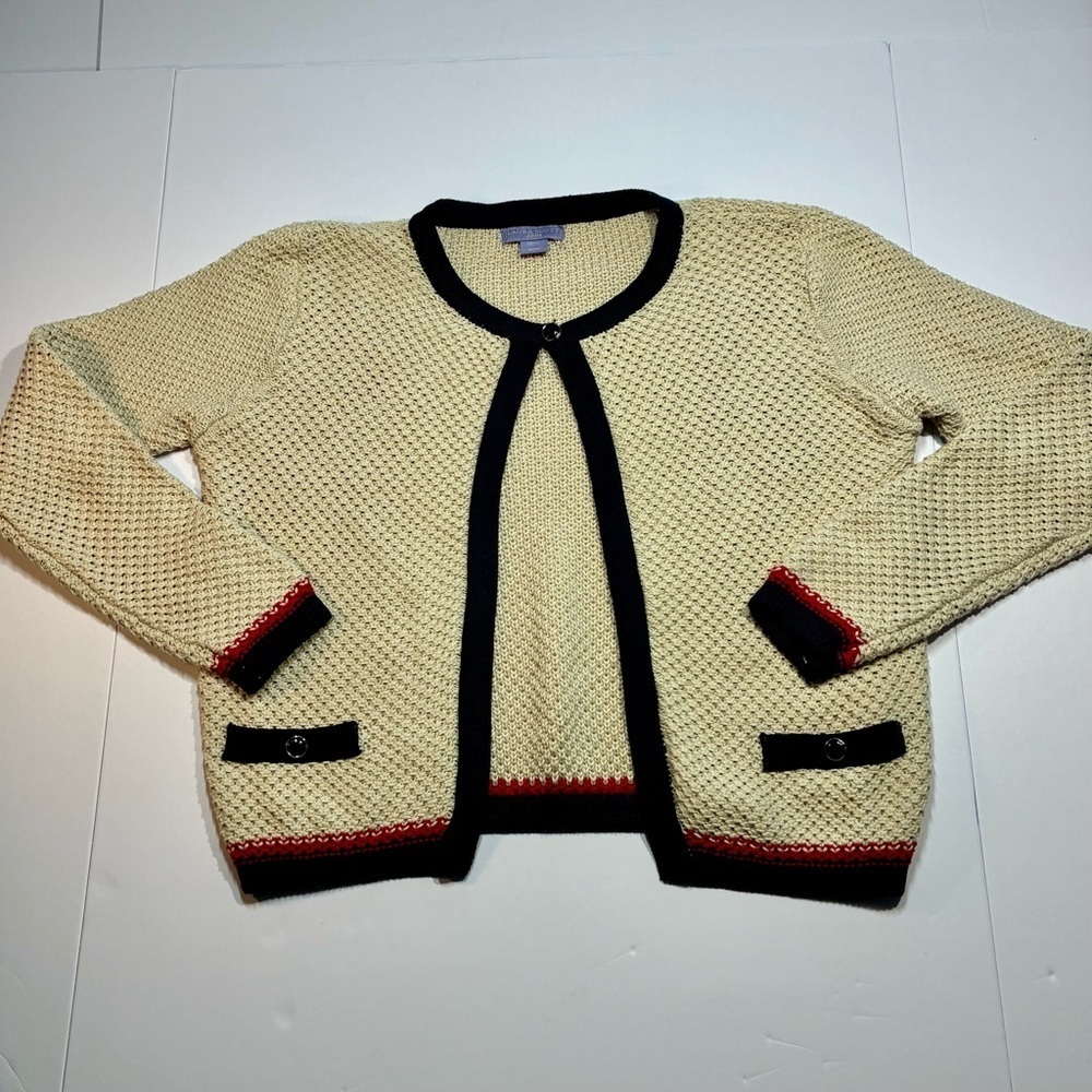 Laura Scott Petites One-Button cardigan Medium Petite Beige Red/Blue Trim